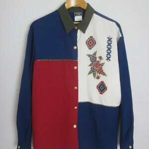 Vtg Southern Lady Womens Plus 2X Blue Red White Metallic Colorblock LS Shirt